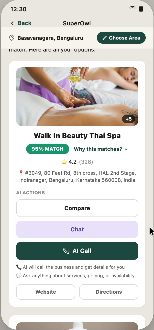 SuperOwl Discover showing matched local businesses.